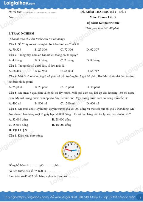 Đề kiểm tra học kì 2 Toán 3 Kết nối tri thức - Đề số 1